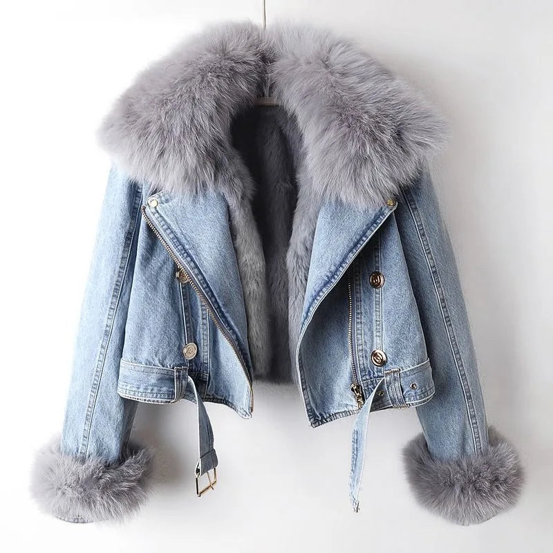 Denim Jacket with Fur Lining | Short Model with Collar