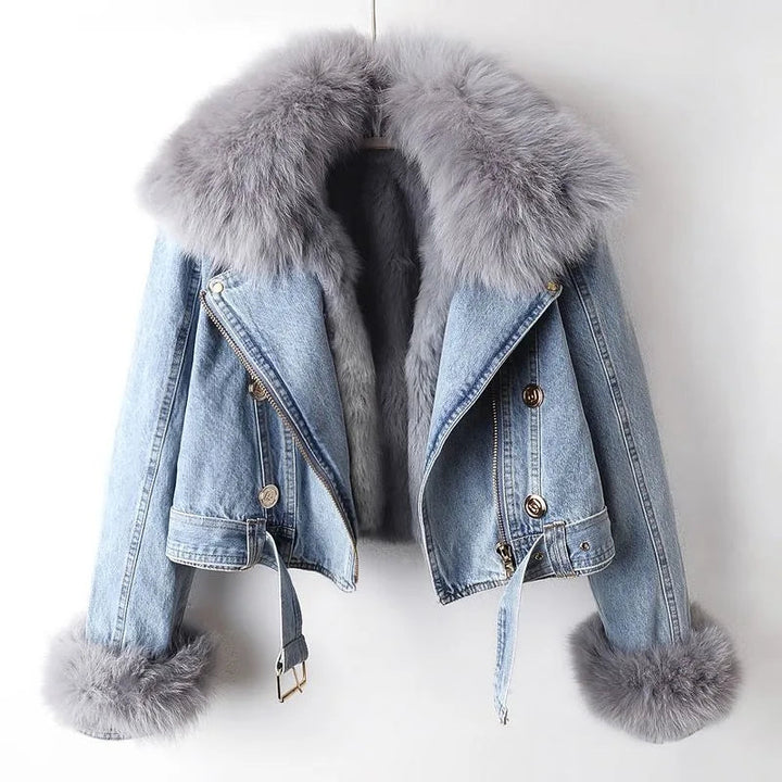 Denim Jacket with Fur Lining | Short Model with Collar